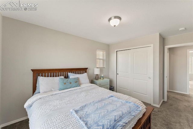 bedroom featuring dark colored carpet and a closet