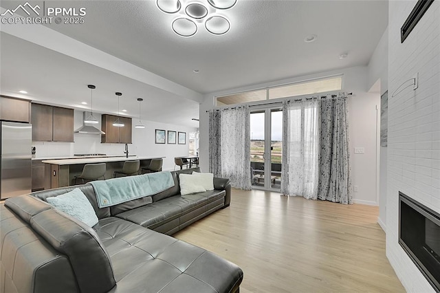 living room featuring a fireplace and light hardwood / wood-style floors