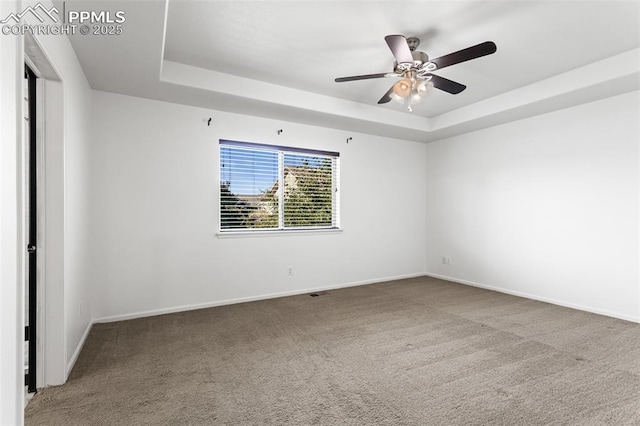 spare room with a raised ceiling, carpet flooring, and ceiling fan