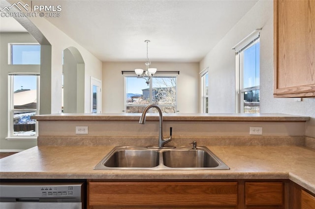 kitchen with an inviting chandelier, sink, pendant lighting, and dishwasher