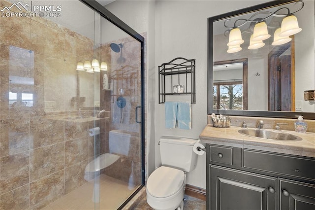 bathroom with vanity, a shower with shower door, and toilet