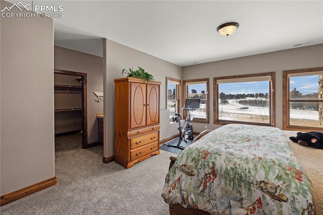 bedroom featuring light colored carpet, a walk in closet, and a closet