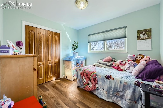 bedroom with dark hardwood / wood-style flooring and a closet