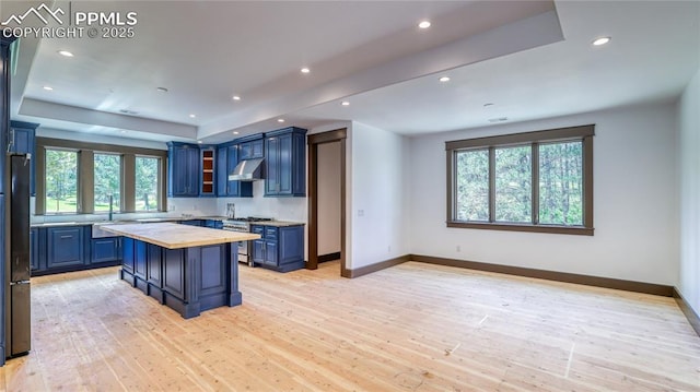 kitchen with wood counters and blue cabinetry