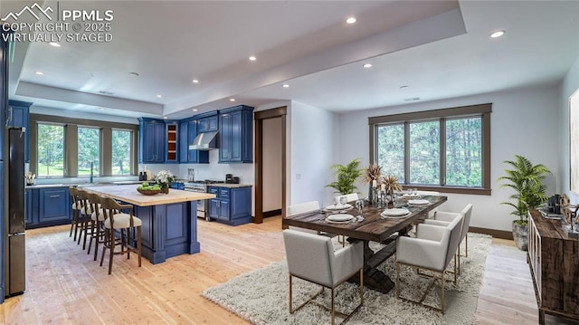 kitchen with gas range, light hardwood / wood-style flooring, and blue cabinets