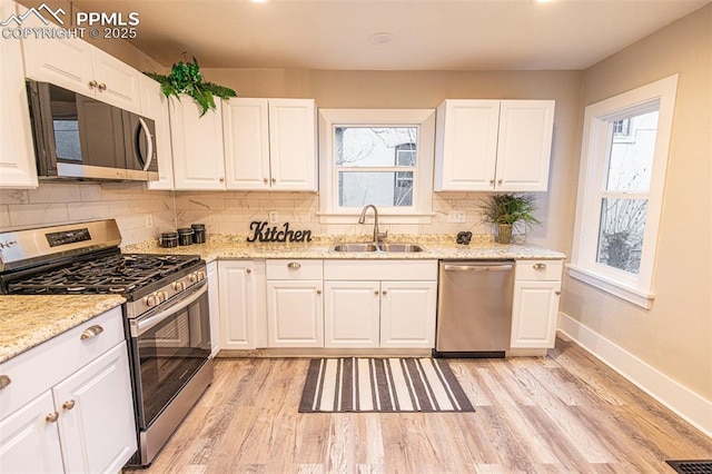 kitchen with white cabinetry, sink, appliances with stainless steel finishes, and light hardwood / wood-style flooring