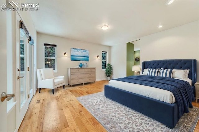 bedroom with light hardwood / wood-style floors and multiple windows