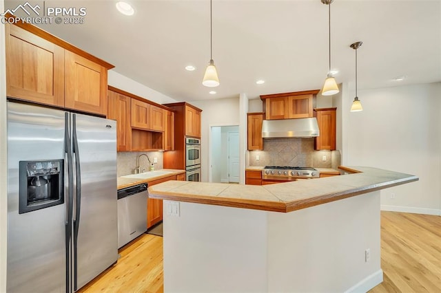 kitchen featuring sink, light hardwood / wood-style floors, pendant lighting, extractor fan, and appliances with stainless steel finishes