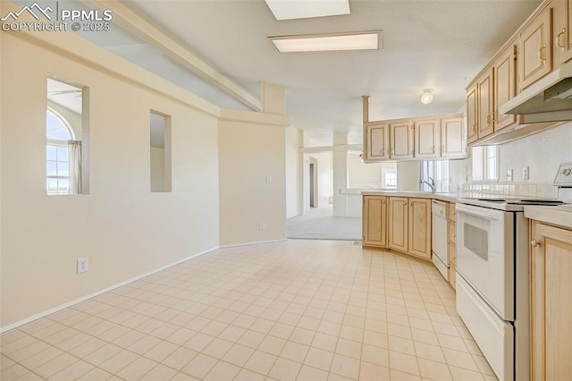 kitchen with light brown cabinetry, white appliances, and ventilation hood