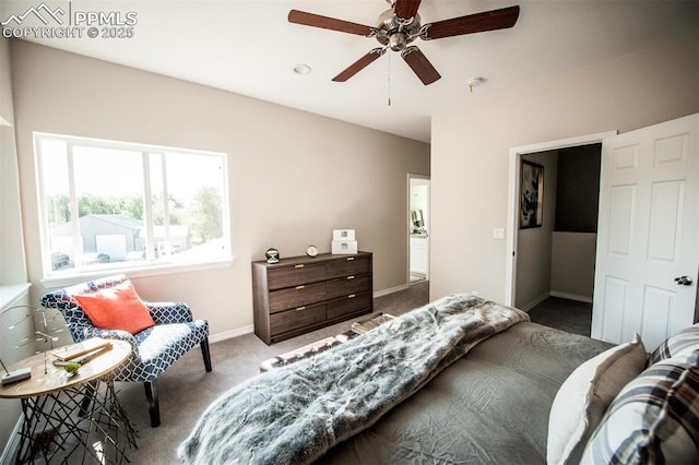 bedroom featuring carpet flooring and ceiling fan