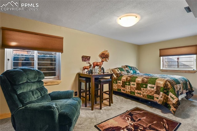 bedroom featuring a textured ceiling and light carpet