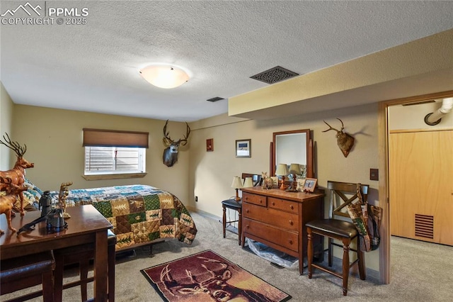 carpeted bedroom with a textured ceiling