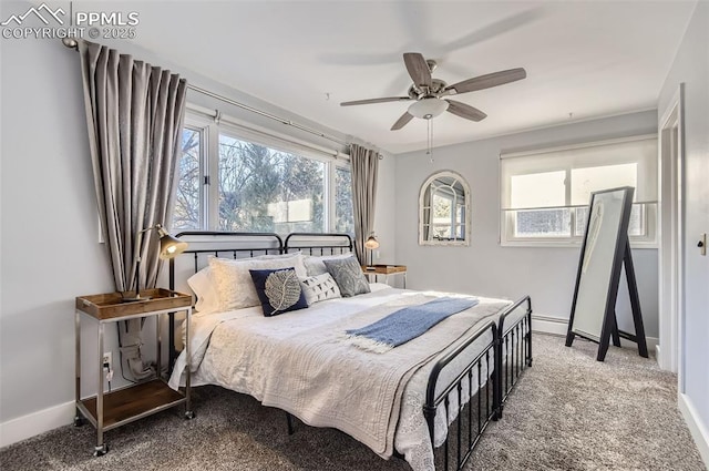 bedroom with ceiling fan and carpet flooring