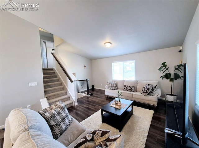 living room with dark hardwood / wood-style flooring