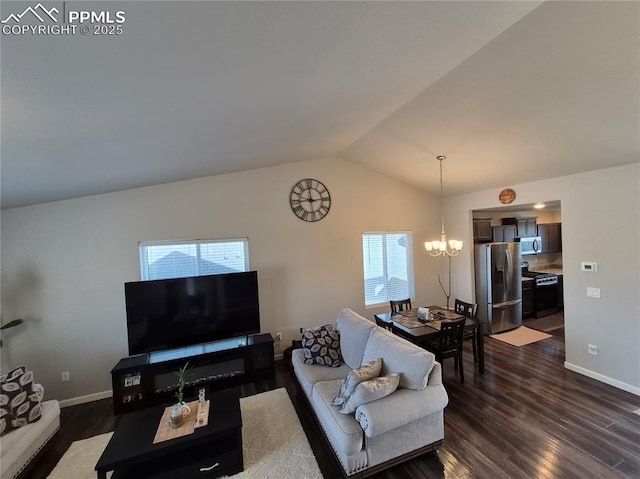 living room featuring vaulted ceiling, a notable chandelier, and dark hardwood / wood-style flooring