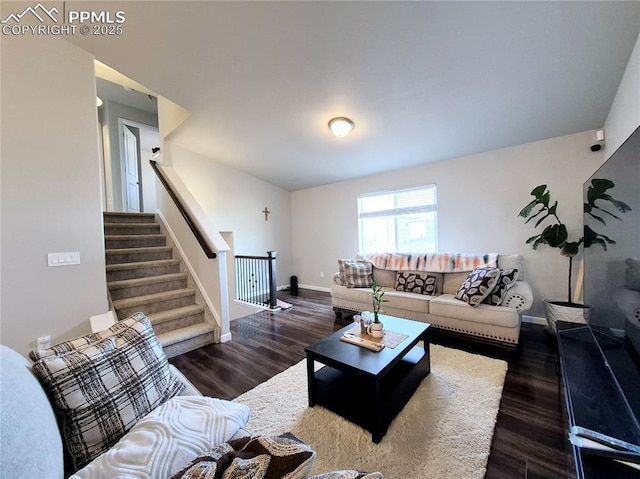 living room featuring dark wood-type flooring