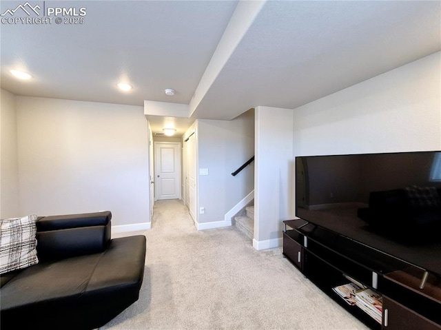 living room with light colored carpet