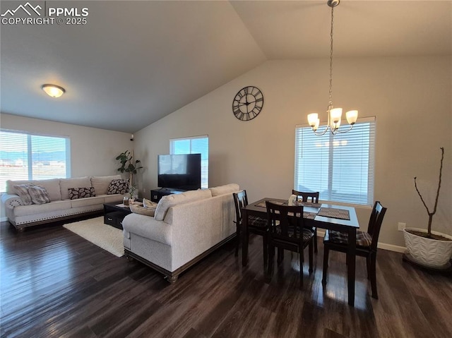 living room featuring a notable chandelier, dark wood-type flooring, and high vaulted ceiling