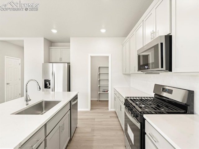 kitchen with sink, light hardwood / wood-style flooring, appliances with stainless steel finishes, tasteful backsplash, and white cabinets