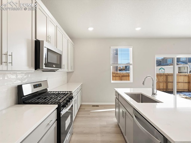 kitchen with sink, white cabinetry, appliances with stainless steel finishes, light hardwood / wood-style floors, and backsplash