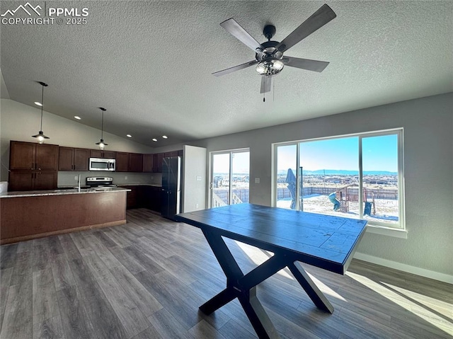 unfurnished dining area with sink, ceiling fan, hardwood / wood-style floors, and lofted ceiling