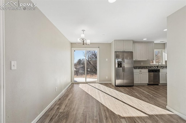 kitchen with dark hardwood / wood-style flooring, plenty of natural light, hanging light fixtures, and appliances with stainless steel finishes