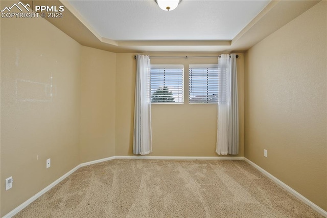 carpeted spare room featuring a tray ceiling