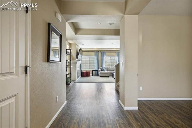 hallway with dark hardwood / wood-style flooring and a tray ceiling