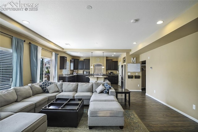 living room with dark hardwood / wood-style flooring