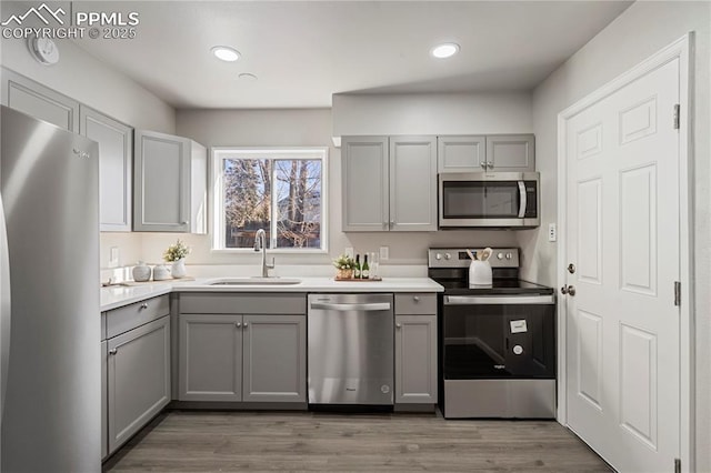 kitchen with gray cabinets, stainless steel appliances, wood-type flooring, and sink