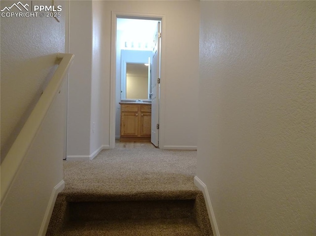 stairs with carpet flooring and sink