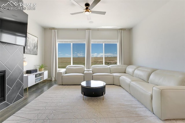 living room with ceiling fan and hardwood / wood-style floors