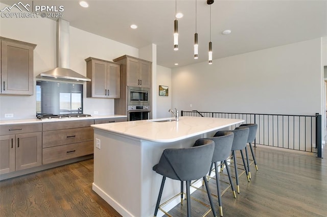 kitchen with dark hardwood / wood-style floors, range hood, decorative light fixtures, a center island with sink, and appliances with stainless steel finishes