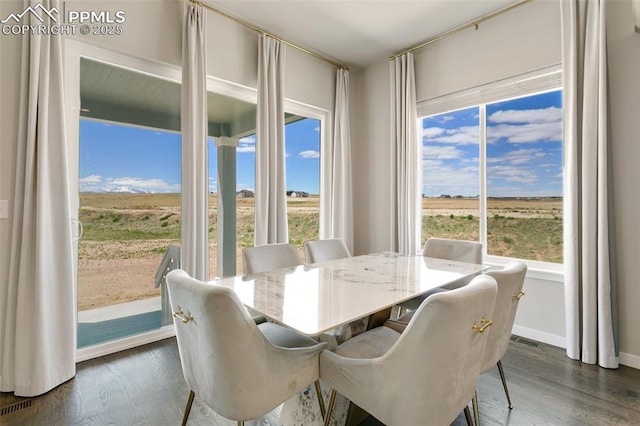 dining space with a rural view and dark hardwood / wood-style floors