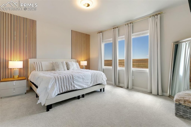 bedroom featuring baseboards and light colored carpet