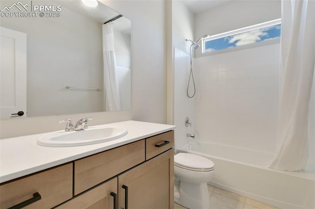 full bathroom with toilet, shower / tub combo with curtain, vanity, and tile patterned flooring