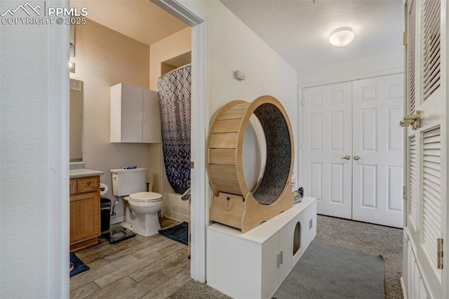 bathroom with hardwood / wood-style floors, toilet, curtained shower, and vanity