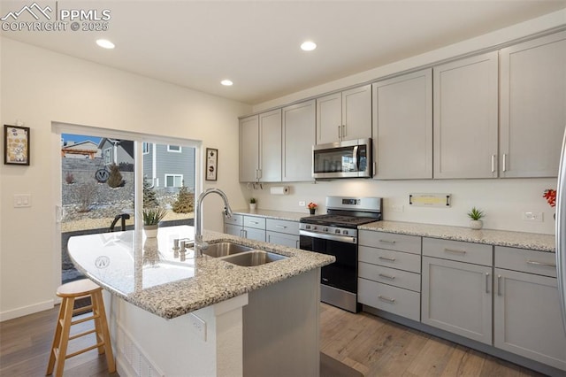 kitchen with a center island with sink, stainless steel appliances, wood-type flooring, light stone countertops, and sink