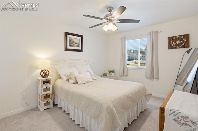 bedroom with light carpet and ceiling fan