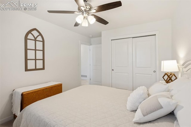 bedroom featuring ceiling fan and a closet