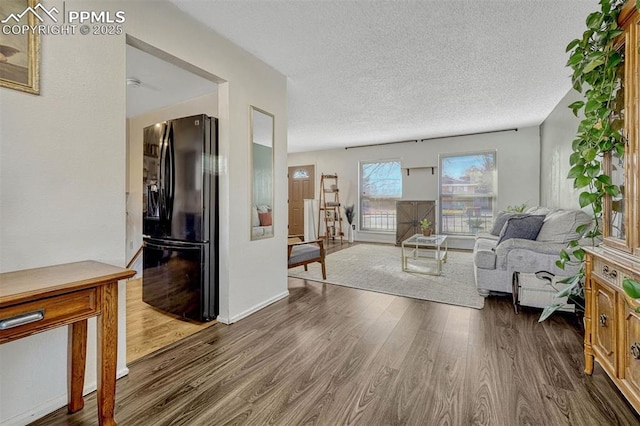 living room featuring dark wood-type flooring and a textured ceiling