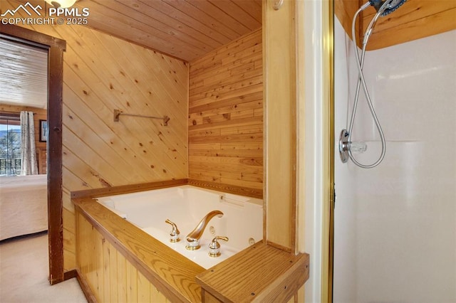 bathroom with wooden walls, wooden ceiling, and independent shower and bath