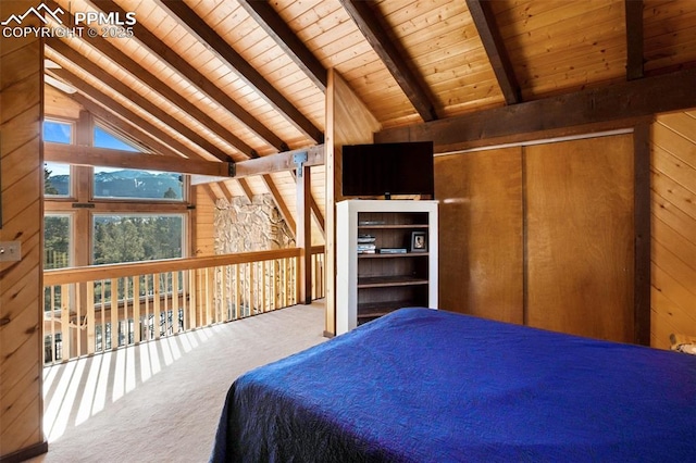 carpeted bedroom featuring high vaulted ceiling, wooden ceiling, wooden walls, and beamed ceiling