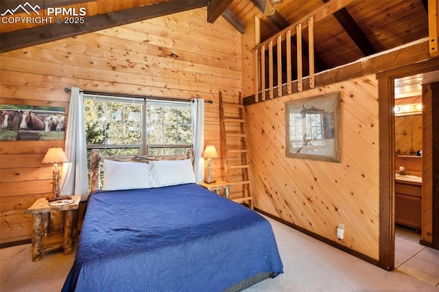 carpeted bedroom featuring wood walls, wood ceiling, and vaulted ceiling with beams