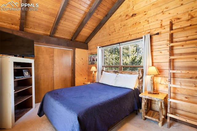 bedroom featuring wooden walls, lofted ceiling with beams, wood ceiling, and light colored carpet