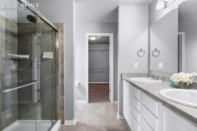 bathroom featuring vanity and a shower with shower door