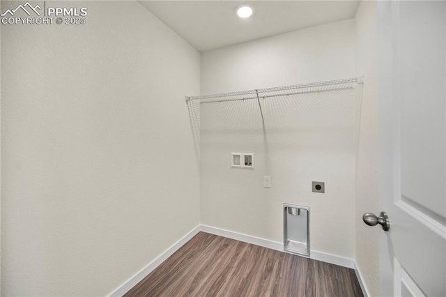 laundry room with hookup for an electric dryer, hookup for a washing machine, and hardwood / wood-style flooring