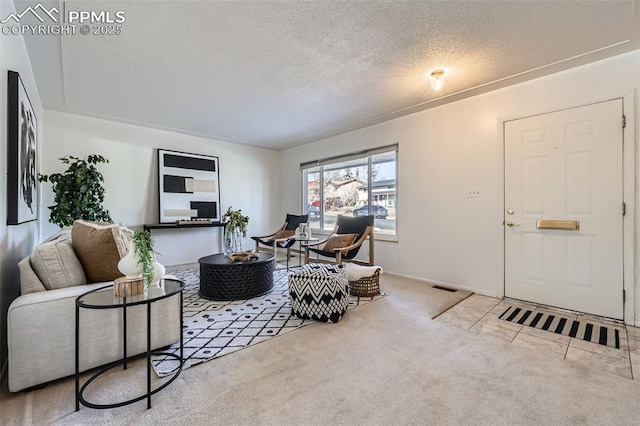 carpeted living room with a textured ceiling