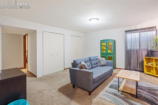 living room featuring light colored carpet