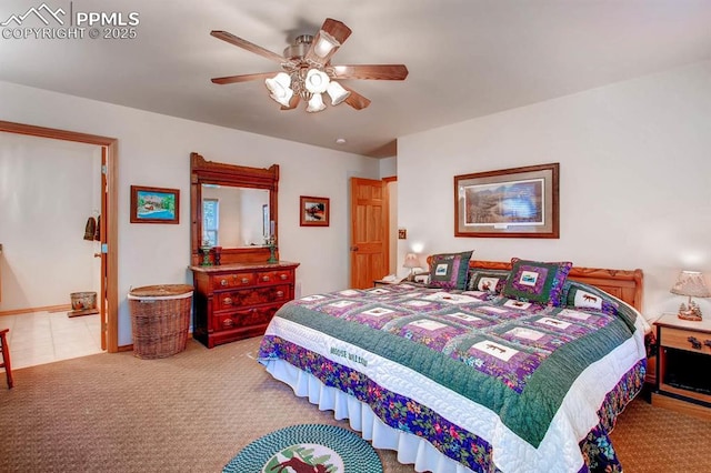 bedroom featuring carpet flooring and ceiling fan